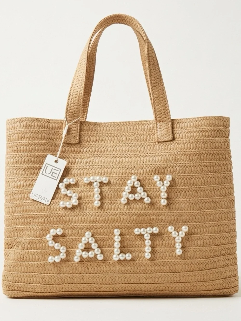 Urban Expressions Natural Straw Tote with Pearl 'STAY SALTY' Accent